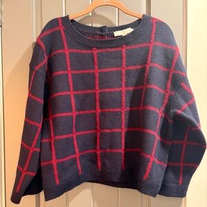 LOFT Navy Merino Wool Sweater w/ Red Grid, M